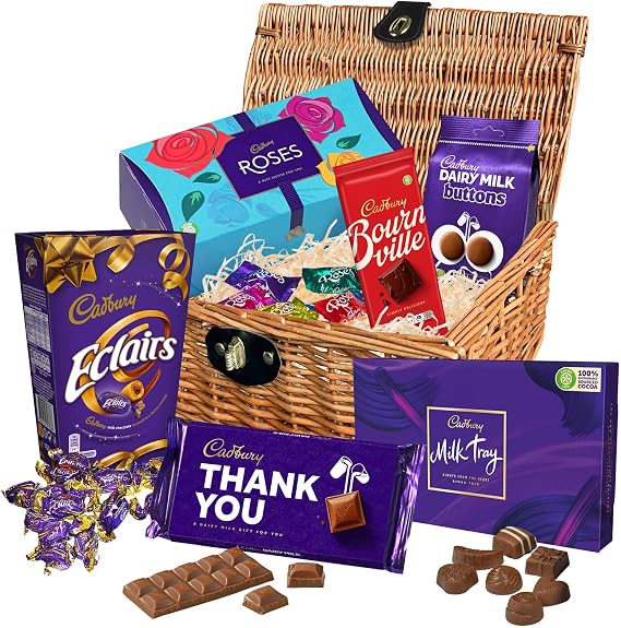 Cadbury "Thank You" Chocolate Gift Hamper Basket. Milk Tray, Roses, Dairy Milk, Bournville Dark Chocolate & More
