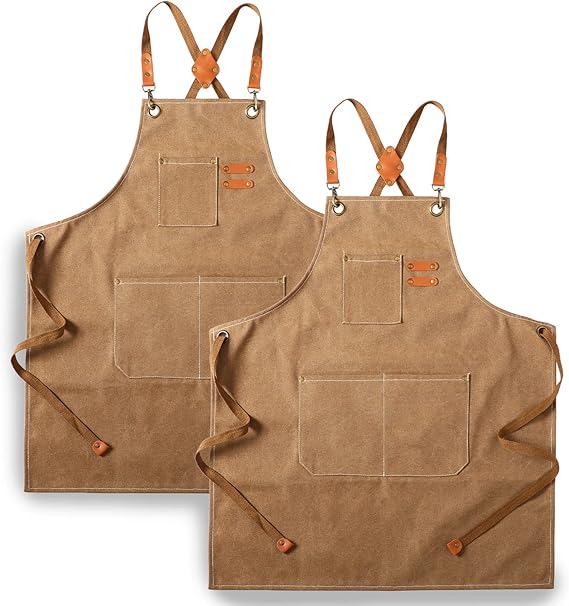 Tosewever 2 Pack Canvas Cross Back Chef Apron for Men Women with Pockets, Cotton Tool Aprons for Cooking Kitchen BBQ Artist