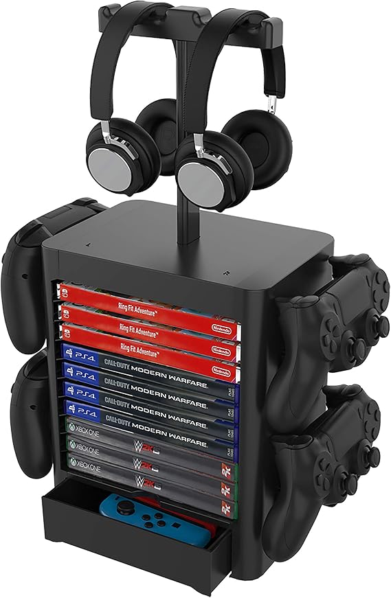 Multifunctional Game Disk Storage Tower Holder,Game Disk Rack and Controller/Headset Stand Holder Compatible with Xbox Series X/Nintendo Switch/PS5/PS4