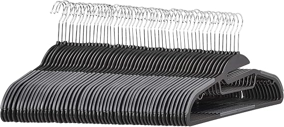 Amazon Basics Non-slip Heavy Duty Space Saving Plastic Hangers with Rubber and Horizontal Bar, Lightweight, Gray, Pack of 50