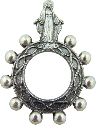 L&M Mens Womens Catholic Gift Silver Tone Our Lady of Grace Crown of Thorns 2-inch Rosary Ring