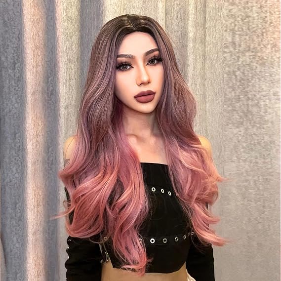AISI BEAUTY Ombre Pink Wigs 24 Inch Long Wavy Colorful Wig for Women Middle Part Heat Resistant Synthetic Hair Wigs for Cosplay Party