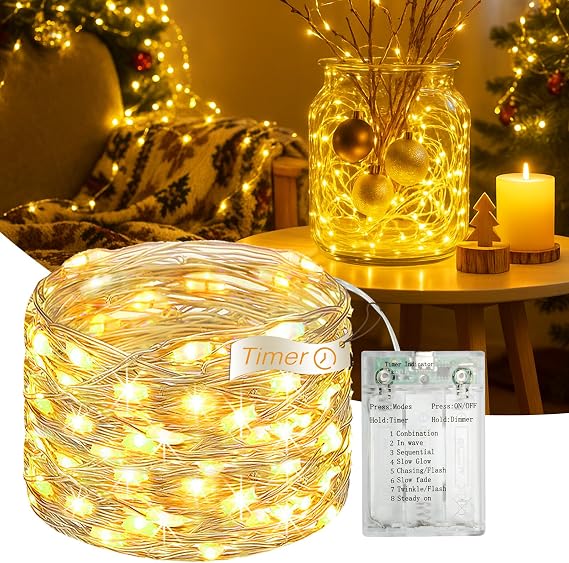 16FT 50 LED Fairy Lights Battery Operated with Timer, Warm White