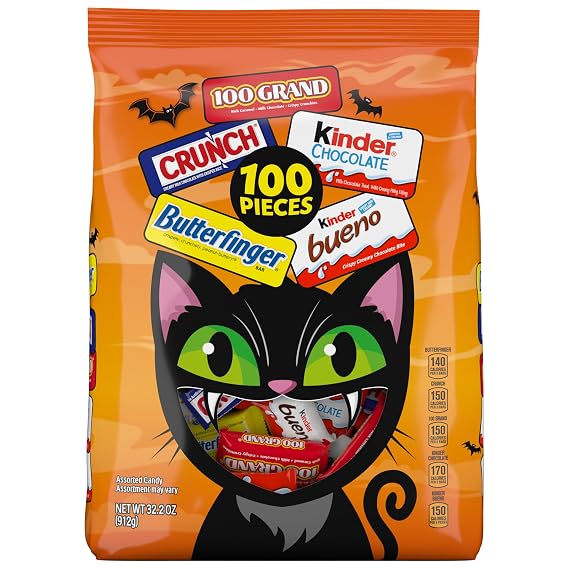 Butterfinger, CRUNCH, 100 Grand, Kinder Bueno, Kinder Chocolate, Minis Assorted Halloween Candy Bag, 100 Count, 32.2 oz