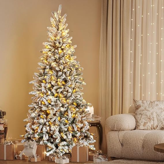 Karl Home 7 FT Pre-Lit Snow Flocked Christmas Tree, 400 Lights, Snowy Green