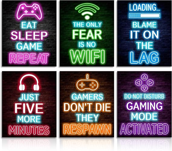 Dazzlewall 6Pcs Game Wall Art Poster Video Gamer Room Decor, Neon Gaming Poster for Teenage Boy Room Decor 8x10 in Unframed