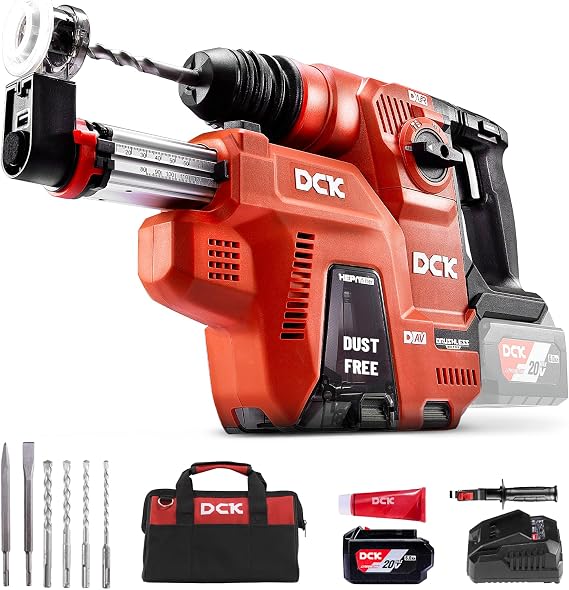 DCK 20V Cordless Rotary Hammer with Dust Collector, 15 in3 Dust Collection Box, 5-Inch Stroke, 2.8J Impact Energy, Brushless SDS Plus Hammer Drill with 6Ah Battery 4A Charger 4 Drill Bits 2 Chisels