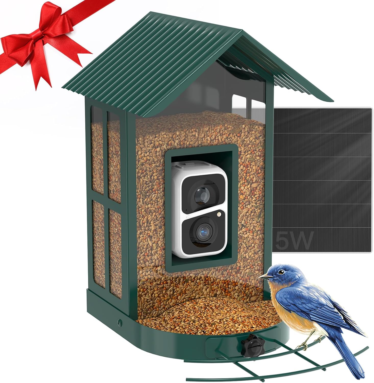 SOLIOM BF08- Metal Solar Bird Feeder Camera with AI Identify Bird Species, Wild Bird Watching Cam, Live View, Instant Notifications with 5W Solar PanelGreen