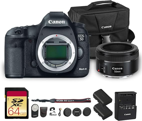Canon EOS 5D Mark III DSLR Camera | 22.3MP Full-Frame CMOS Sensor, DIGIC 5+ Processor & Full HD Video | for Weddings, Portraits & Events (5260B002) + Canon EF 50mm f/1.8 STM Lens + RC-6 + Bag + More