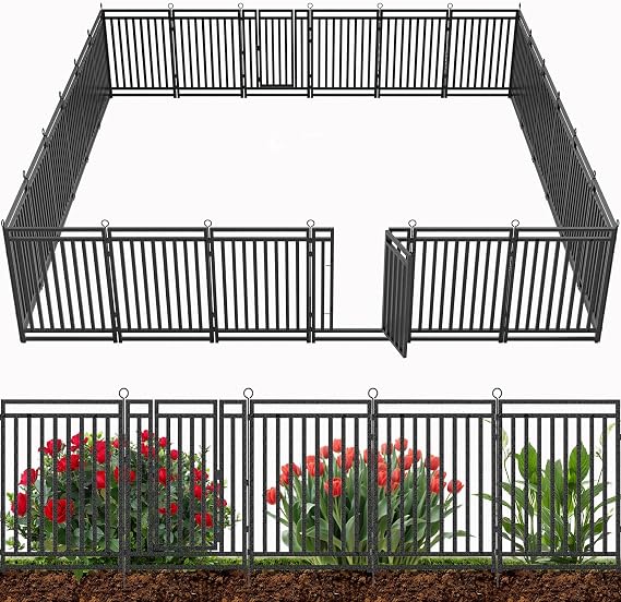 Decorative Garden Fence 54ft (L) 40in (H), 21 Panels + 3 Gates, Metal Dog Fence Outdoor for Yard, Rust-Proof Animal Barrier Fencing for Patio & Flower Bed, Black-Silver