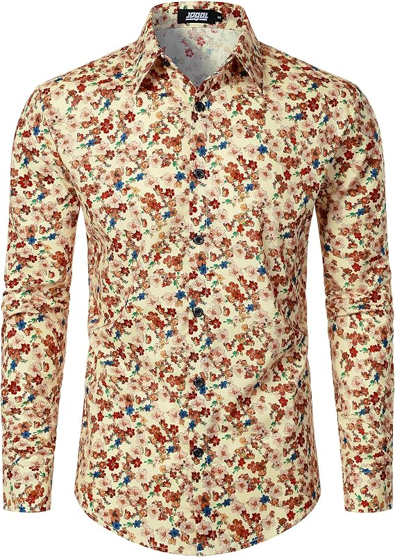 JOGAL Mens 70s Disco Floral Dress Shirt Long Sleeve Button Down Shirts