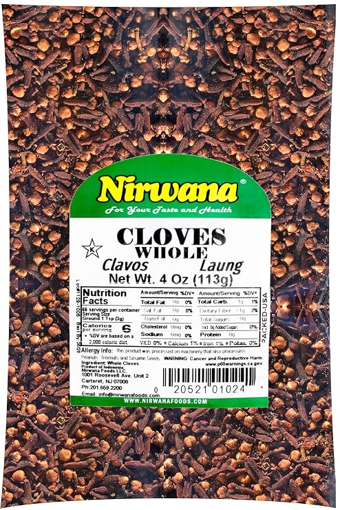 Nirwana Asian Indian spice CLOVES Whole | Laung | Clavo | Premium Quality for Cooking, Baking, Tea, Beverages, Pomander Balls, Hand Selected Cloves, Spice ~ All Natural | Vegan | Ideal for Spices and Seasoning Pouch by Nirwana (4oz)