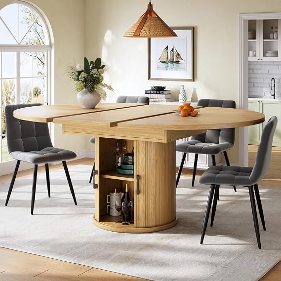 Extendable Dining Table Kitchen Table for 4-6 People, Minimalist Round Dining Tables with Storage and Door, Kitchen Furniture with Shelve, Extends to Oval, Light Brown, 118-158x118x76.8 cm