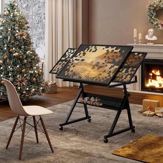 Henf 1500 Piece Puzzle Table with Drawers, Jigsaw Puzzle Table with Wheels, 35.4" x 25.98" Adjustable Puzzle Tables for Adults Tilting-Angle Portable Jigsaw Puzzle Board with Legs for Adults,Black