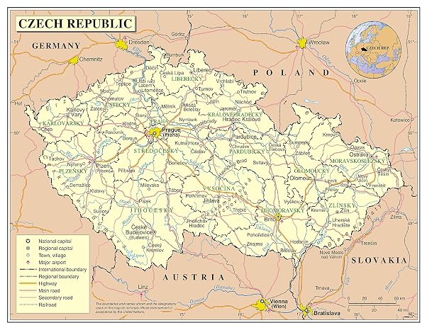 Palmetto Posters 24x31 Laminated Poster: Large detailed political and administrative map of czech republic with roads cities and airports