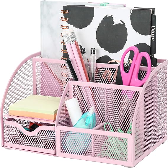 Exerz Desk Organizer 7 Compartments Metal Mesh Pen Holder Caddy Light Pink | Soft Color Desktop Storage for Notes Clips Scissors Rulers Craft Tools Makeup Study and Home Use