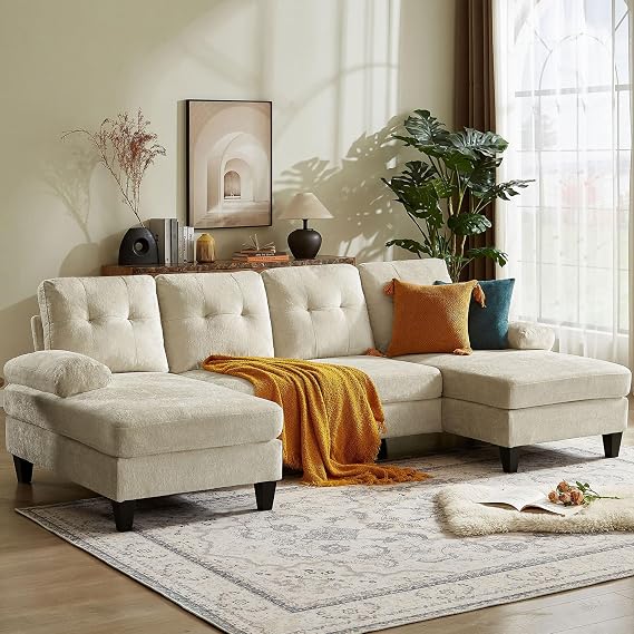 Sectional Couch for Living Room, Modern Linen Fibre U Shaped Sofa Couches with Double Chaise, Upholstered 4 Seater Sofa for Living Room, Apartment, Office, Beige