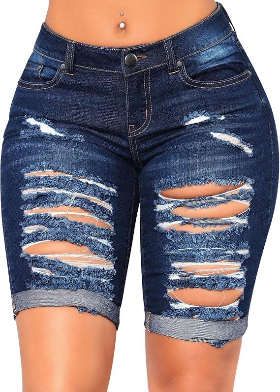 roswear Women's Distressed Knee Length Ripped Stretchy Jean Shorts