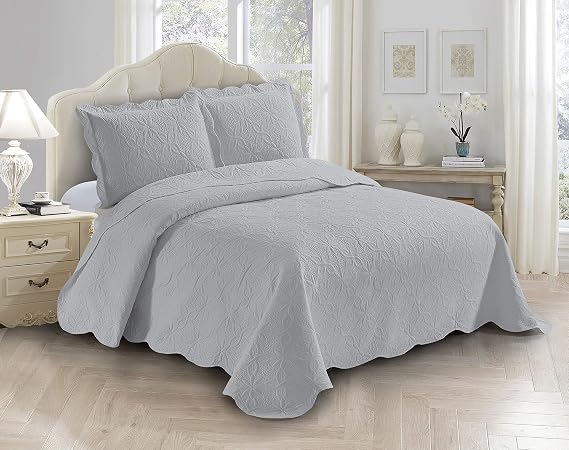 Fancy Linen 3pc Embossed Coverlet Bedspread Set Oversized Bed Cover Solid Floral Daisy Pattern New # Allis (Full/Queen, Silver)