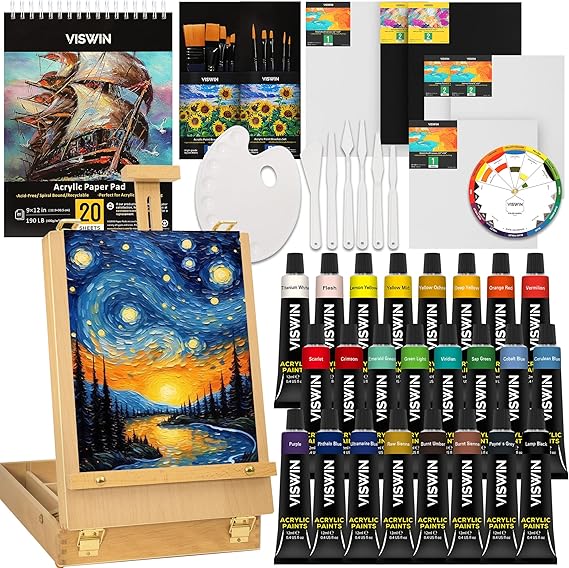 VISWIN 62 Pcs Acrylic Paint Set with Easel Box, Painting Kit with 24 Acrylic Paints, Canvases, Brushes, Palette, Paper Pad, Art Supplies, Art Set Gift for Adults, Beginners, Artists