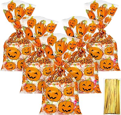 HESTYA 50 Counts Halloween Treat Cellophane Bags 6 x 10 Inches Clear Pumpkin Flat Bottom Goodie Bags with 300 Pieces Twist Ties for Halloween Party FavorPumpkin