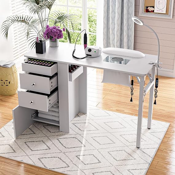 Foldable Nail Table with Dust Collector, Manicure Desk for Nail Tech, with LED Lamp, Wrist Rest, Rolling Nail Table for Salon, Home Beauty Workstation, Compact Nail Station with Storage (White)