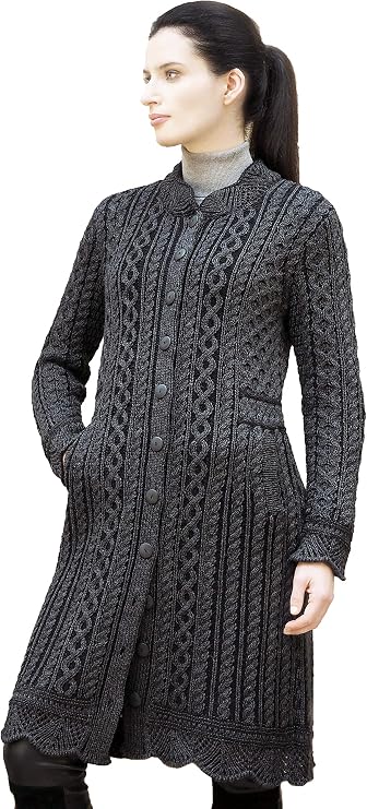 Aran Crafts Women's Cable Knit Long Button Cardigan Coat (100% Merino Wool)