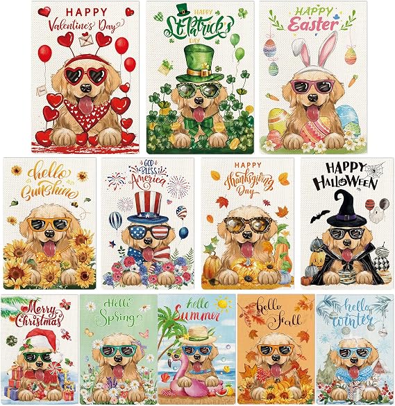 Golden Retriever Seasonal Garden Flags Set of 12, Welcome Seasonal Garden Flags 12x18 Double Sided, Dogs Yard Flags for All Holidays, Fall Winter Halloween Christmas Flag for Outdoor Farmhouse Decor