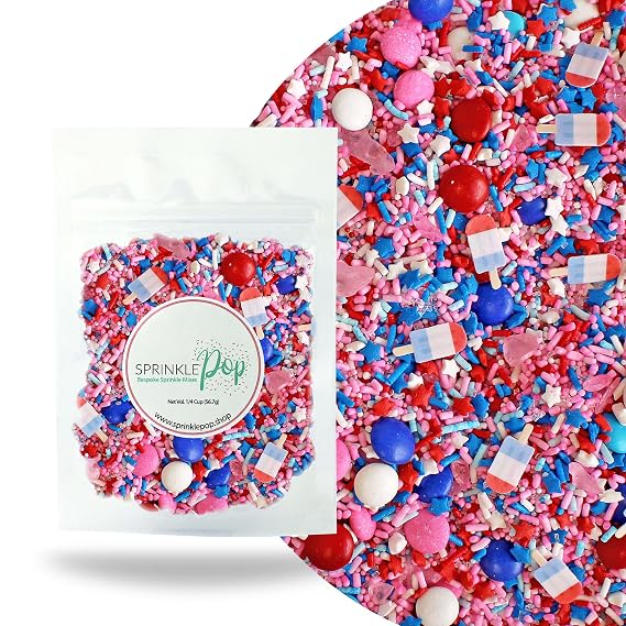 Sprinkle Pop Pink Patriotic Sprinkle Mix| Pink Red Blue White Sprinkles with ~10 Popsicles Wafer Papers| 4th July Memorial Independence Day Sprinkles for Decorating Cake Cupcakes Donuts Ice Cream, 2oz