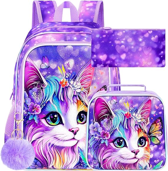16" Cat Backpack for Girls, 3Pcs Kids School Backpacks with Lunch Box, Bookbag for Elementary Preschool Kindergarten(Purple)