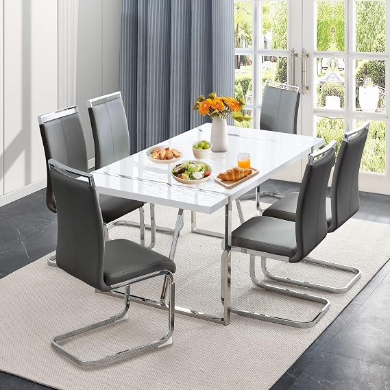 JUFU 55" Dining Table Chairs Set for 6, Rectangular Dining Room Table Set for 4, Modern MDF Dining Table and Leather Chairs for Kitchen Dining Room