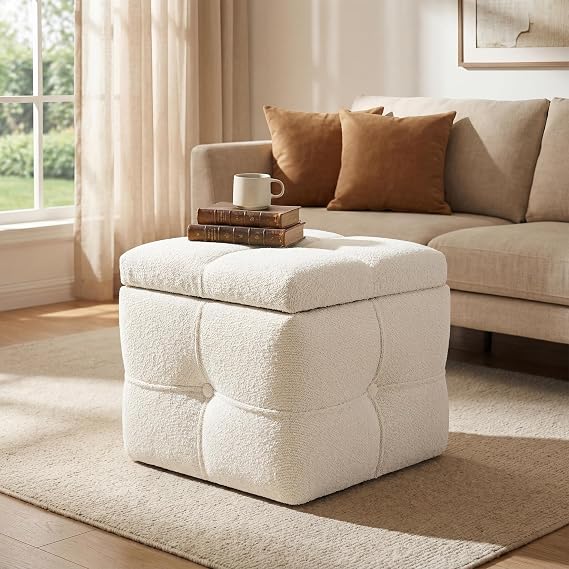 Square Storage Ottoman Cube, Boucle Upholstered Foot Rest Stool Small Footstool for Living Room, Bedroom, White