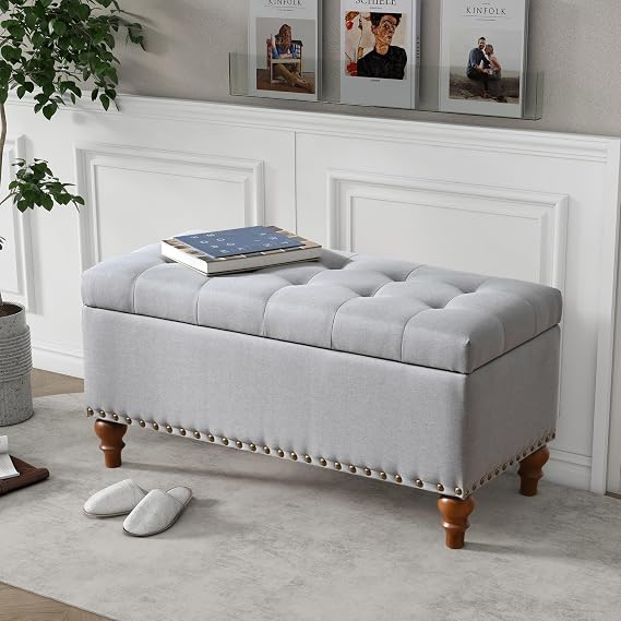 SABLIER Upholstered Ottoman Bench with Storage, Retro Rivet Upholstered Ottoman Rectangle Box,with Solid Wood Legs Grey (Product A)