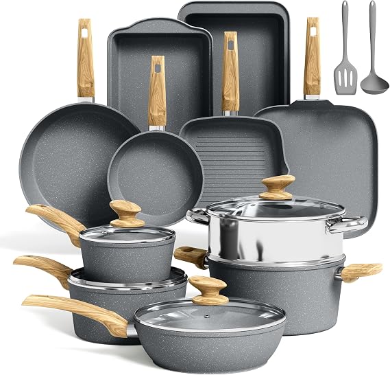 Kitchen Academy 17pcs Induction Hob Pots and Pans Set Non-Stick, Grey