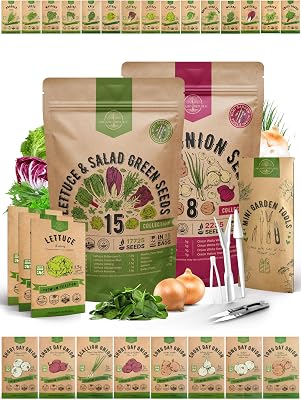 Organo Republic 15 Lettuce & Greens and 8 Onion Seeds Variety Pack Bundle, 19,975 Non-GMO Heirloom Garden Seeds for Planting Lettuce, Greens, and Onions for Indoor & Outdoor Gardening