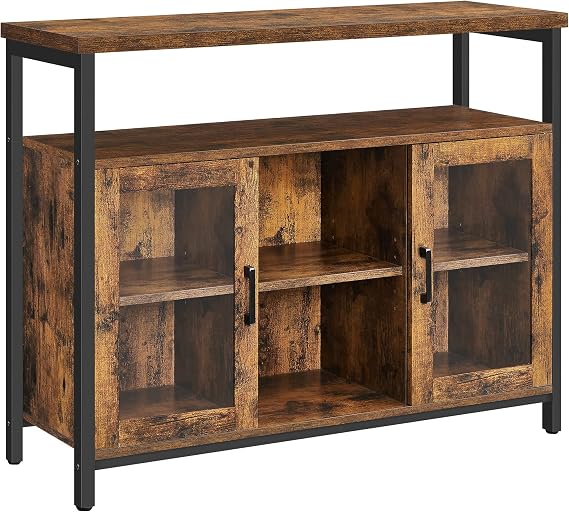 VASAGLE Buffet Cabinet, Sideboard with Transparent Glass Doors, Storage Cabinet with Adjustable Shelves, Living Room, Dining Room, Industrial, Rustic Brown and Black ULSC095B01