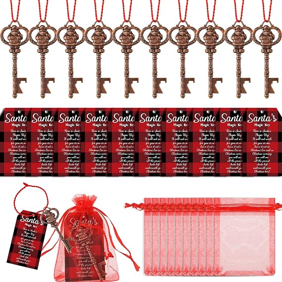 10 Sets Magic Santa Key Christmas Ornament Metal Skeleton with Card Bag | Bronze Skeleton Charms with Ribbon, Magic Cards for No Chimney Solution, Organza Bags, Holiday Tree Ornament Decoration