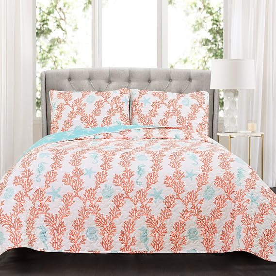 Lush Decor Dina Coral Reversible Cotton Quilt Queen Size 3 Piece Set Full/Queen Blue & Coral - Coastal Bedding Set Queen Quilt Blue - Ocean Decor