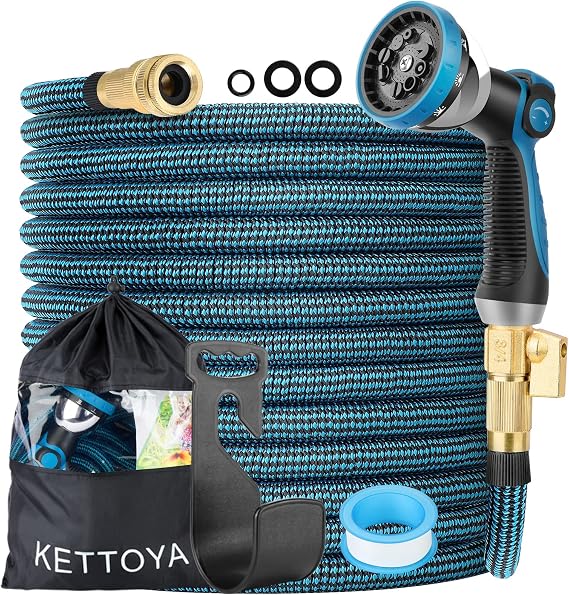 KETTOYA 100FT Expandable Garden Hose, Flexible Water Hose with 10-Pattern Spray Nozzle, Leak-Proof Retractable Heavy Duty Hose Pipe, 4-Layer Latex Core, Durable 3750D, Male Valve Connector, Kink-Free