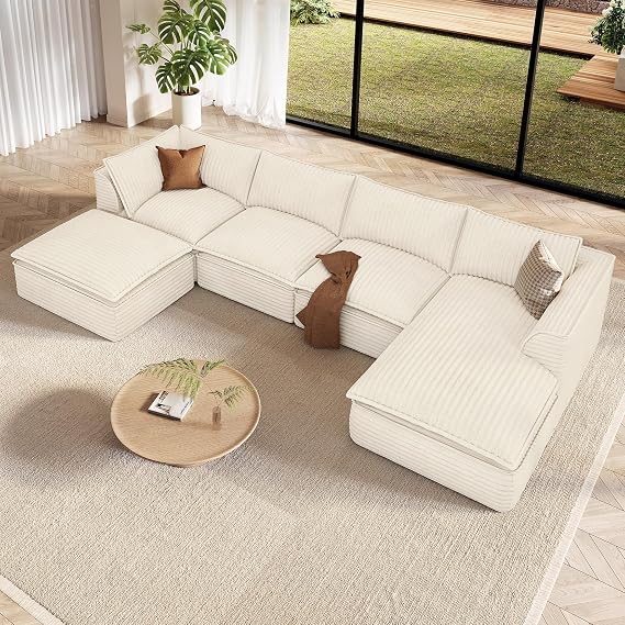Vesgantti U Shaped Corduroy Boneless Sectional Couch, 6 Seater Sofa, Beige