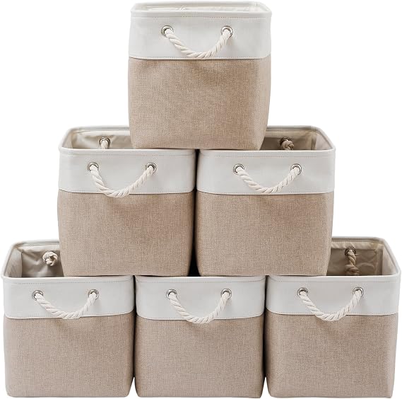 28 x 28 x 28 cm Cube Storage Bins, 6 Pack Large Collapsible Fabric Storage Bin with Ropes, Foldable Storage Cubes for Home, Office,Closet, Clothes, Toys Organizer (White & Beige)
