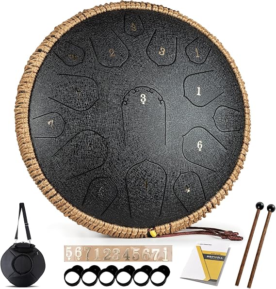 Steel Tongue Drum - HOPWELL 15 Note 14 Inch Tongue Drum - Hand Pan Drums with Music Book, Steel Handpan Drum Mallets and Carry Bag, D Major (Black)