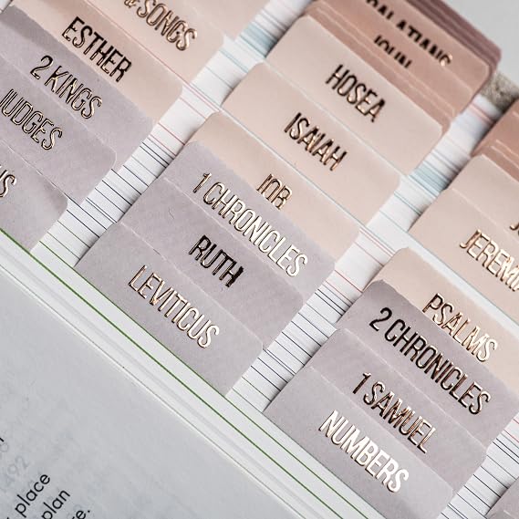DiverseBee Laminated Bible Tabs (Rose Gold Embossed Lettering), Bible Journaling Supplies, Bible Book Tabs, Christian Gift, 73 Bible Tabs for Women and Men, Includes 4 Blank Tabs (Pearl)