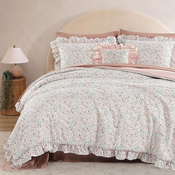 BLOOMHAVEN Queen Comforter Set-7 Pieces Floral Ruffle Bedding Set