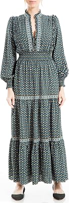 Max Studio Womens Crepe Long Sleeve Tiered Maxi Dress