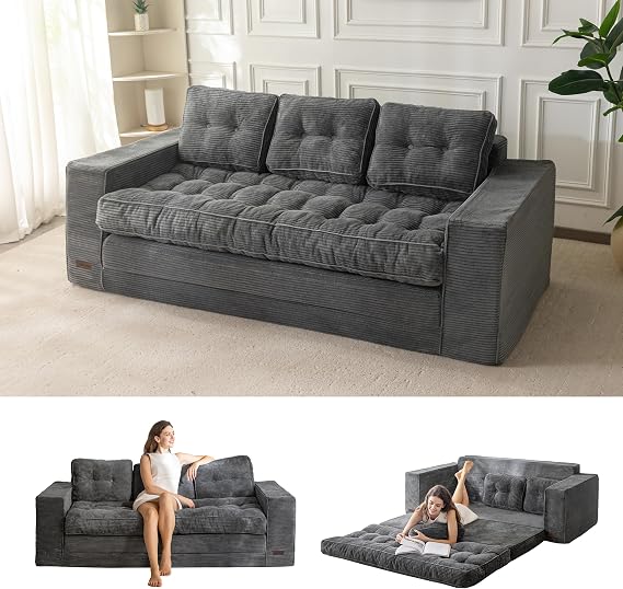 MAXYOYO Sofa Bed, 3 Seater Pull Out Sleeper Sofa with 2 Pillows, 2 in 1 Comfy Corduroy Convertable 3 Seater Couch,Folding Couch Bed 190x85CM, 15cm Thincken Mattress for Living Room