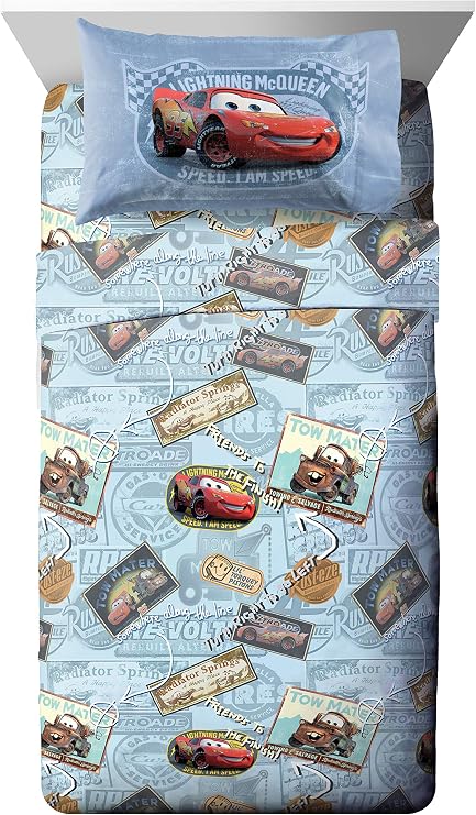 Disney Pixar Cars Twin Sheet Set 3 Piece Kids Cartoon for Boys, Multi