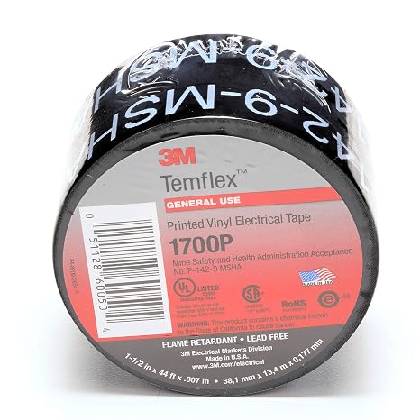 3M Temflex Electrical Tape 1700P, 1-1/2 in x 44 ft, Printed, Black, 1 Roll