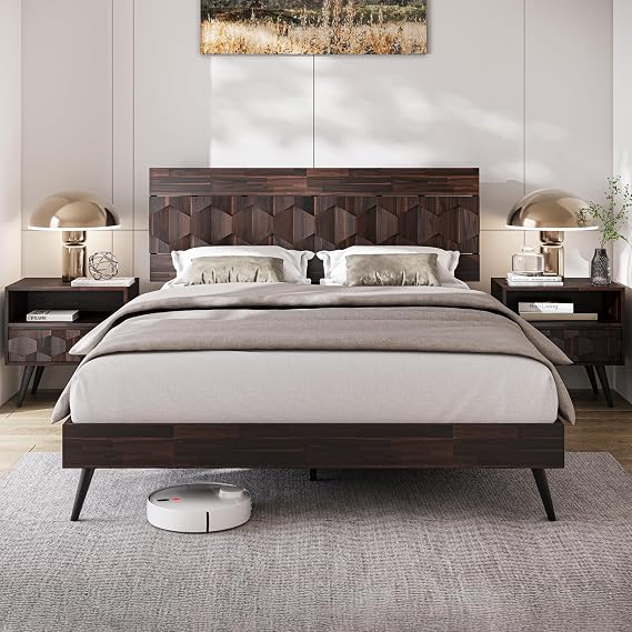 Bme Georgina Queen Bedframe with Geometric Headboard, Mid Century, Walnut