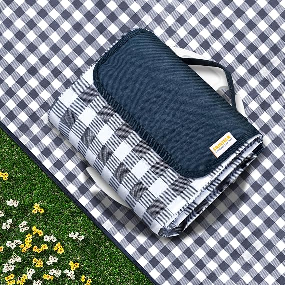SAMSIER Outdoor Picnic Blankets Waterproof Foldable, Large Beach Blanket Sandproof, Gingham Picnic Mat Cute Washable Portable (Navy Blue, 80"80")